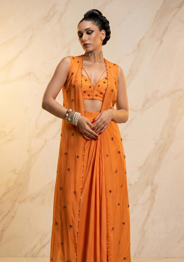 Orange Embroidered Handwork Fusion Set - Indya