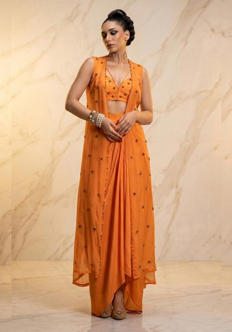 Orange Embroidered Handwork Fusion Set