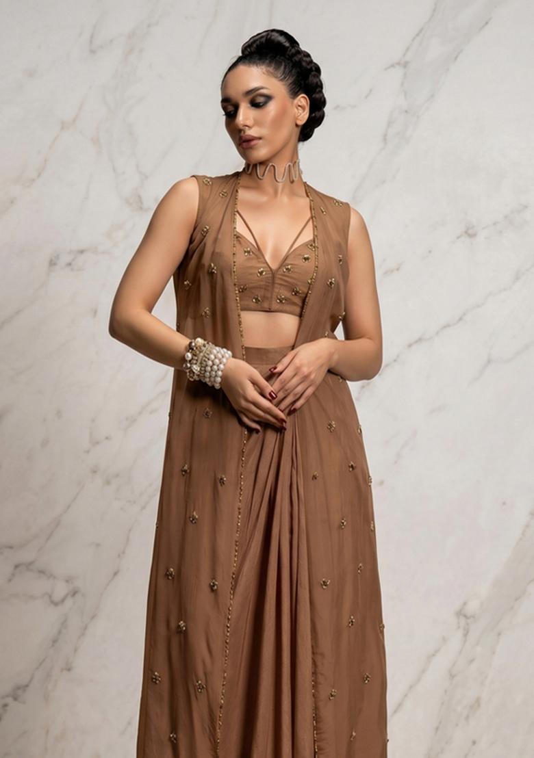 Brown Embroidered Handwork Fusion Set - Indya