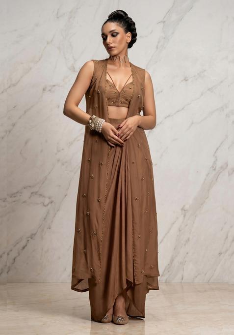 Brown Embroidered Handwork Fusion Set