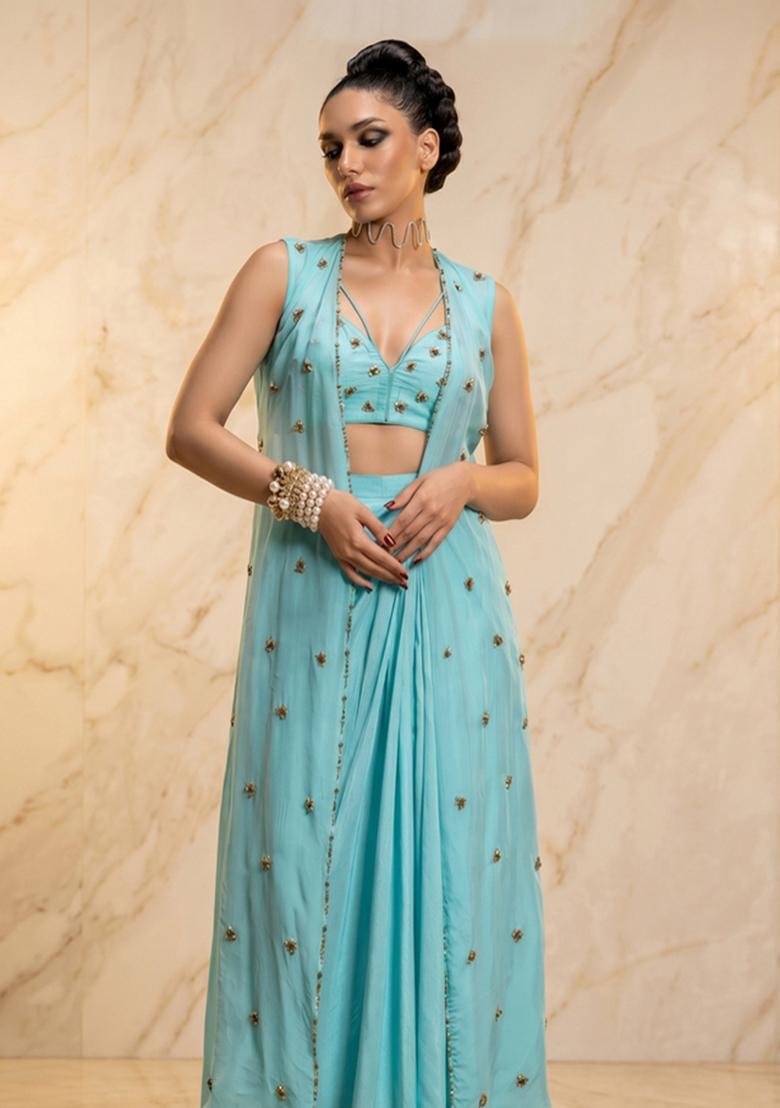 Sky Blue Embroidered Handwork Fusion Set - Indya