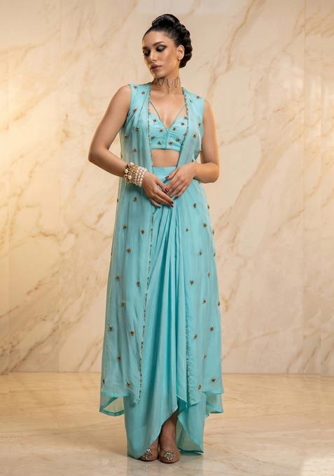 Sky Blue Embroidered Handwork Fusion Set