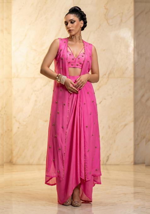 Rani Pink Embroidered Handwork Fusion Set