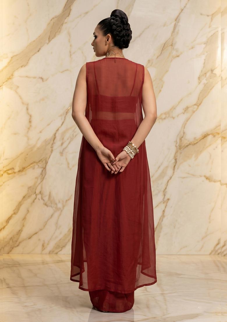 Maroon Embroidered Handwork Fusion Set - Indya
