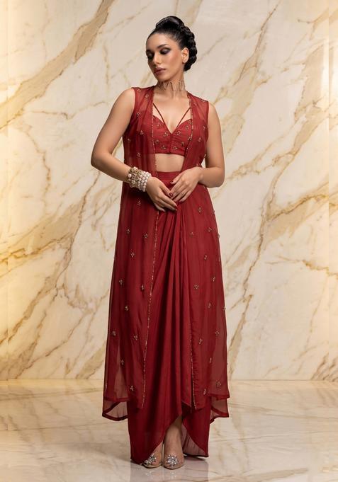Maroon Embroidered Handwork Fusion Set