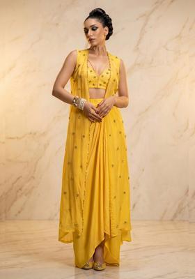 Mustard Embroidered Handwork Fusion Set
