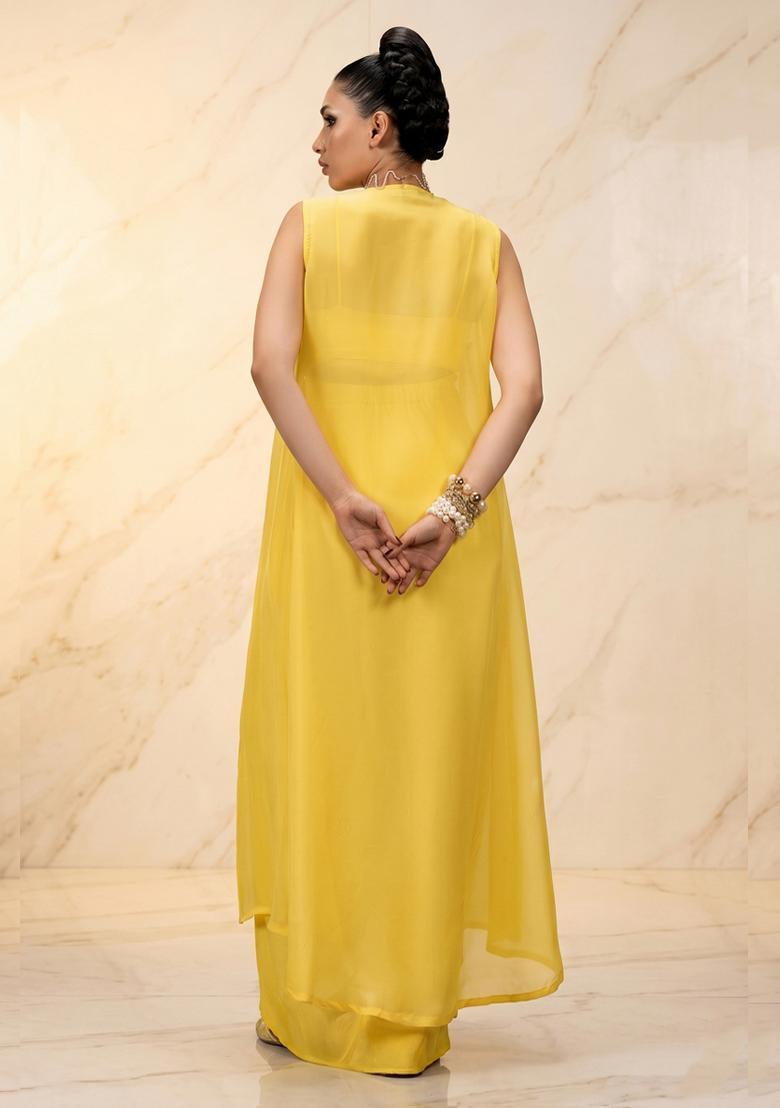 Mustard Embroidered Handwork Fusion Set - Indya