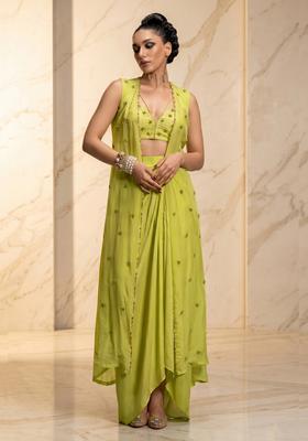 Lime Green Embroidered Handwork Fusion Set