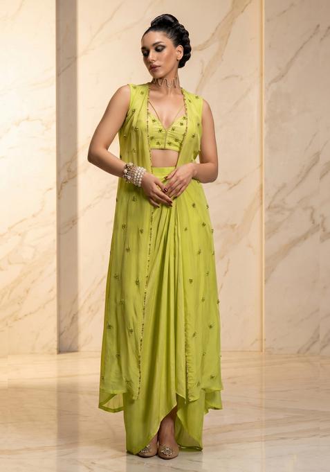 Lime Green Embroidered Handwork Fusion Set