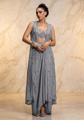 Grey Embroidered Handwork Fusion Set