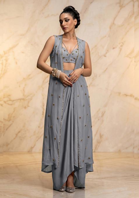 Grey Embroidered Handwork Fusion Set