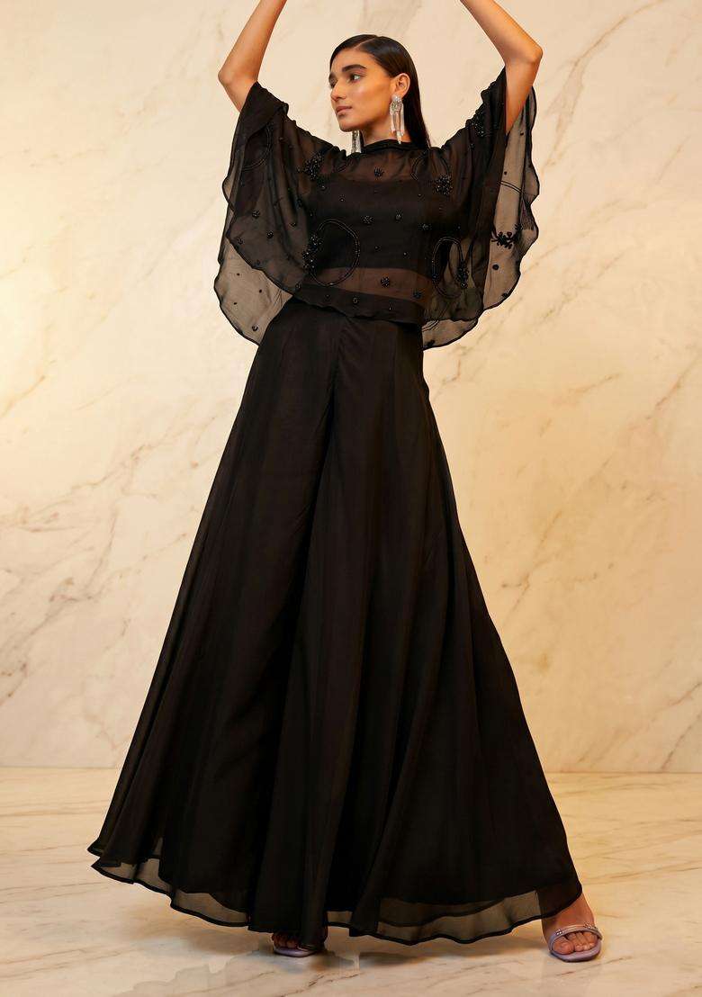 Black Embroidered Handwork Lehenga Set - Indya