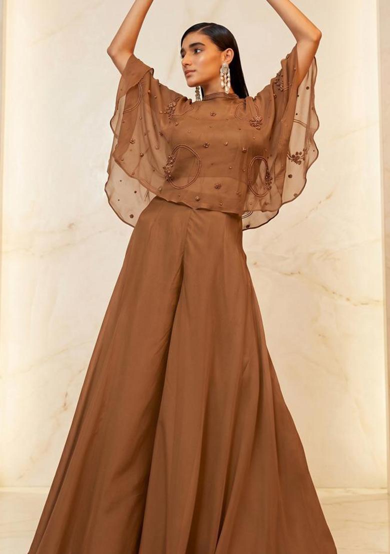Brown Embroidered Handwork Lehenga Set - Indya