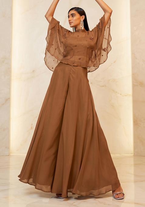 Brown Embroidered Handwork Lehenga Set
