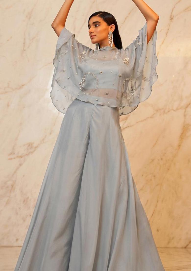 Grey Embroidered Handwork Lehenga Set - Indya
