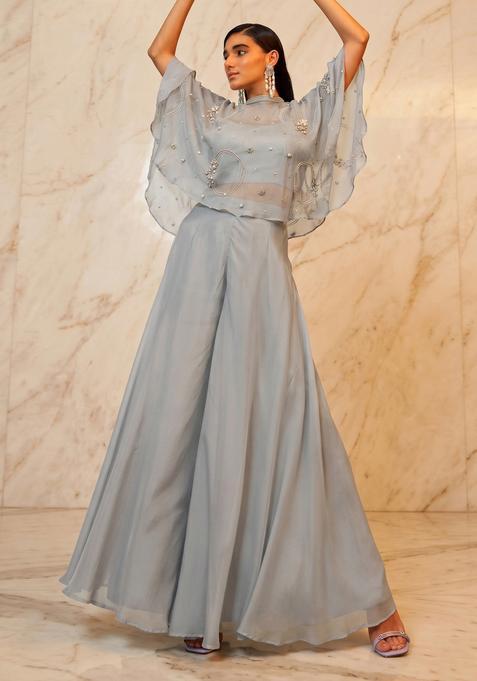 Grey Embroidered Handwork Lehenga Set