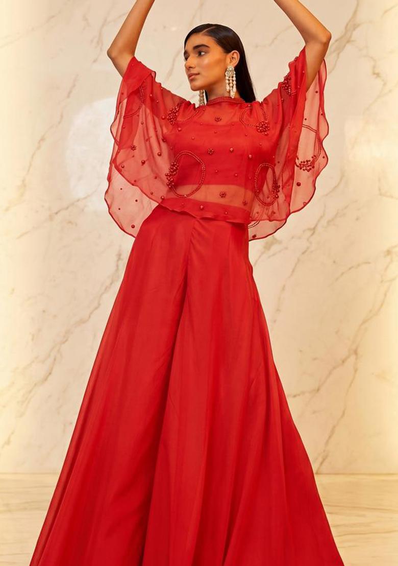 Red Embroidered Handwork Lehenga Set - Indya