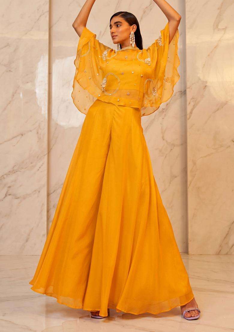 Mustard Embroidered Handwork Lehenga Set for Diwali and Festive Wear - Indya