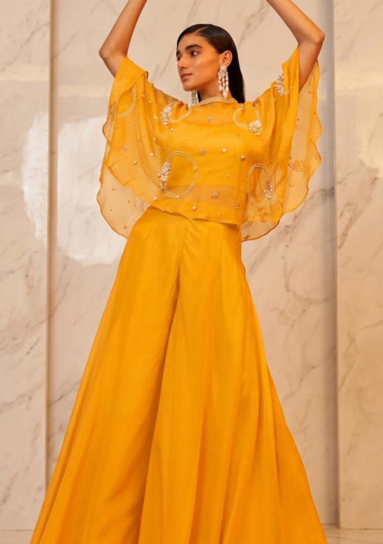 Mustard Embroidered Handwork Lehenga Set - Indya