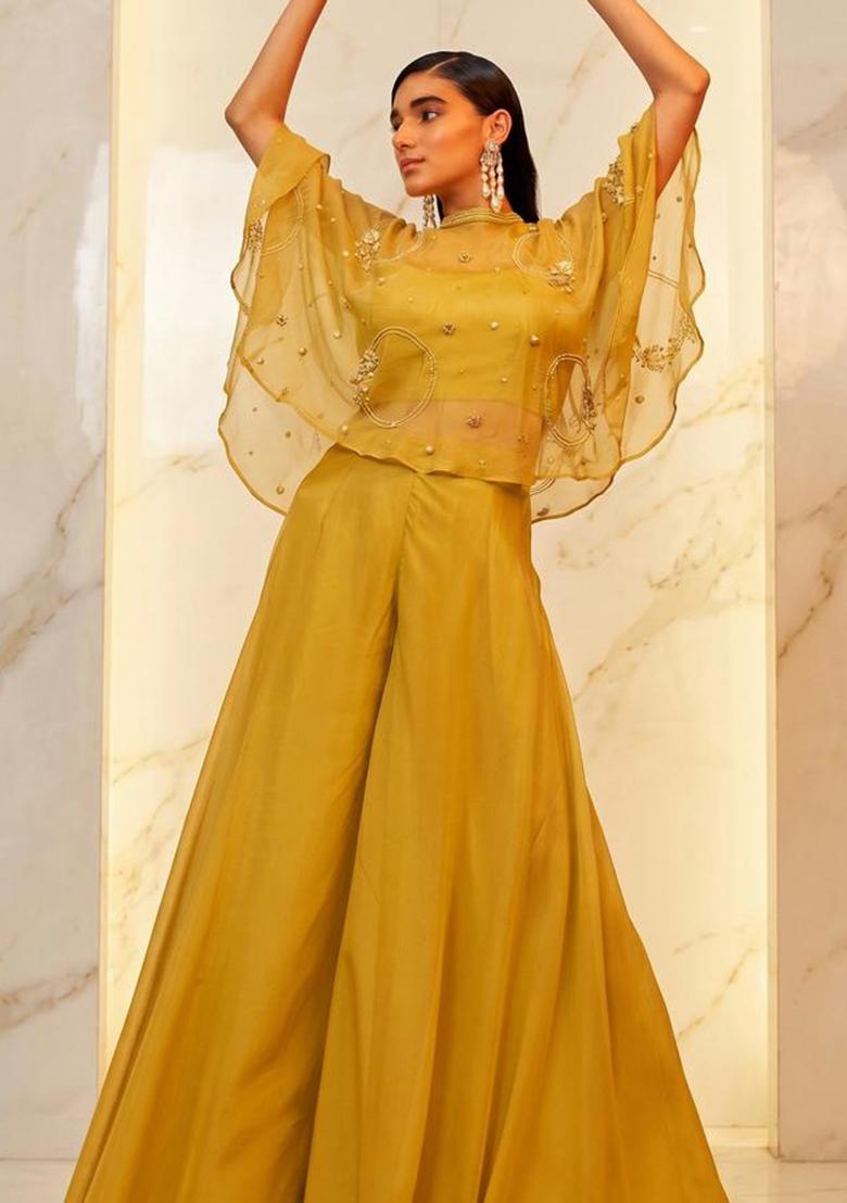 Mustard Embroidered Handwork Lehenga Set - Indya
