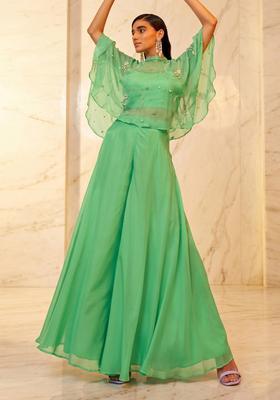 Green Embroidered Handwork Lehenga Set