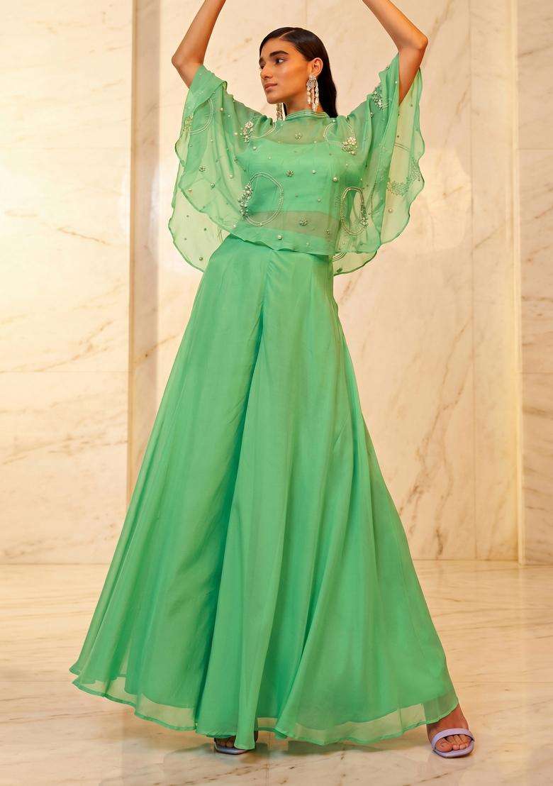 Green Embroidered Handwork Lehenga Set - Indya