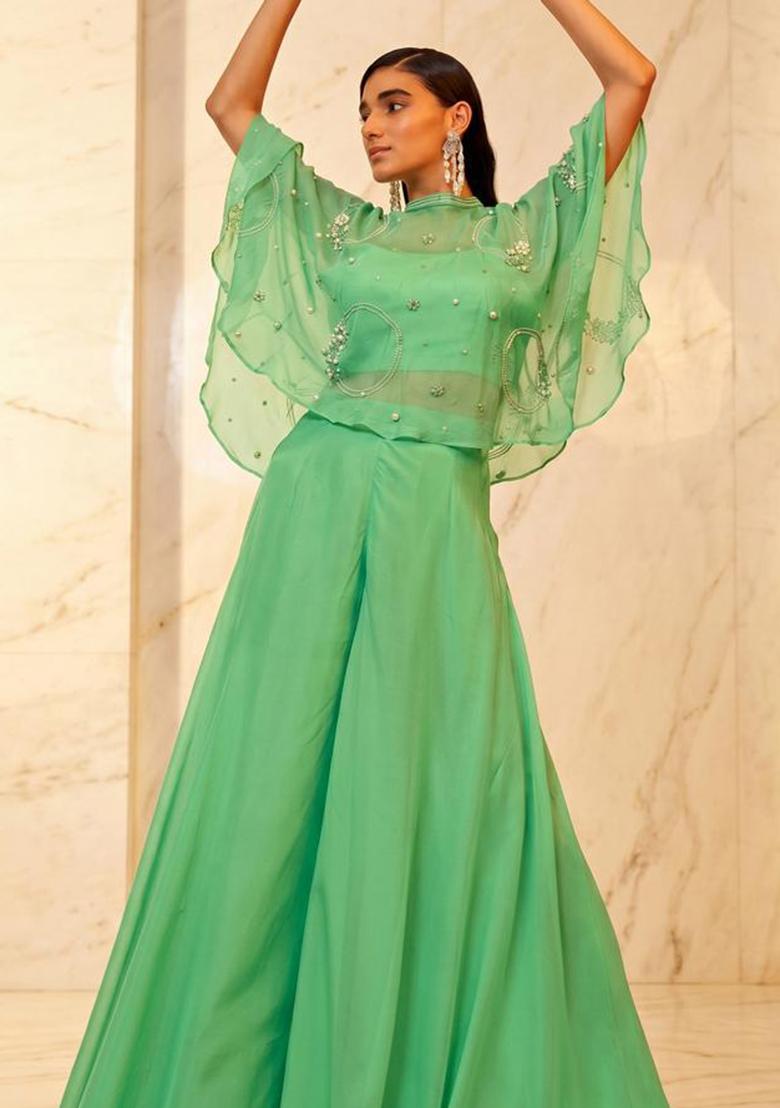 Green Embroidered Handwork Lehenga Set - Indya