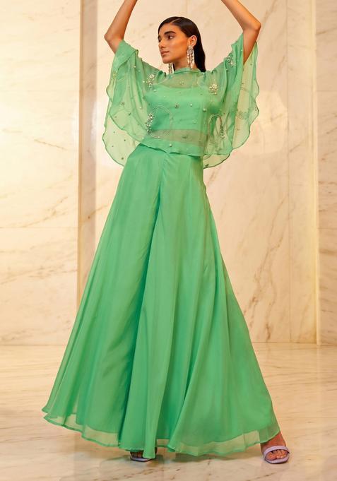 Green Embroidered Handwork Lehenga Set