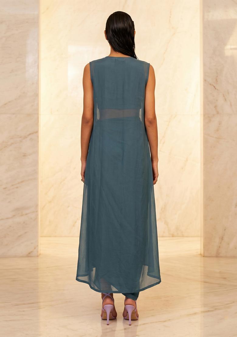 Deep Teal Embroidered Handwork Fusion Set - Indya