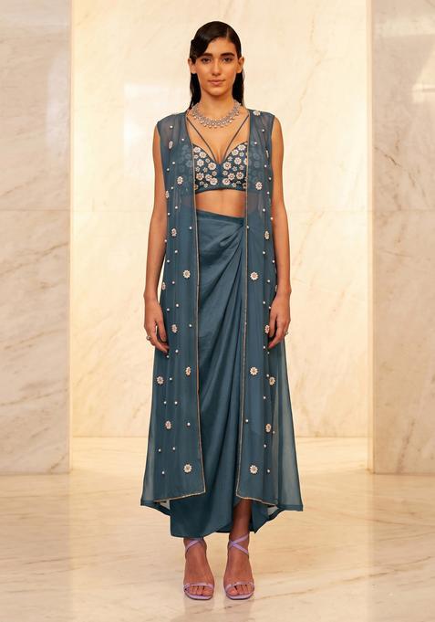Deep Teal Embroidered Handwork Fusion Set