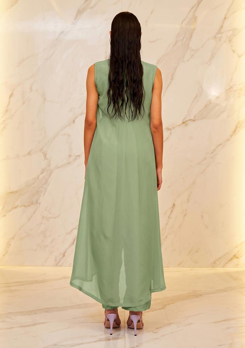 Sage Green Embroidered Handwork Fusion Set - Indya