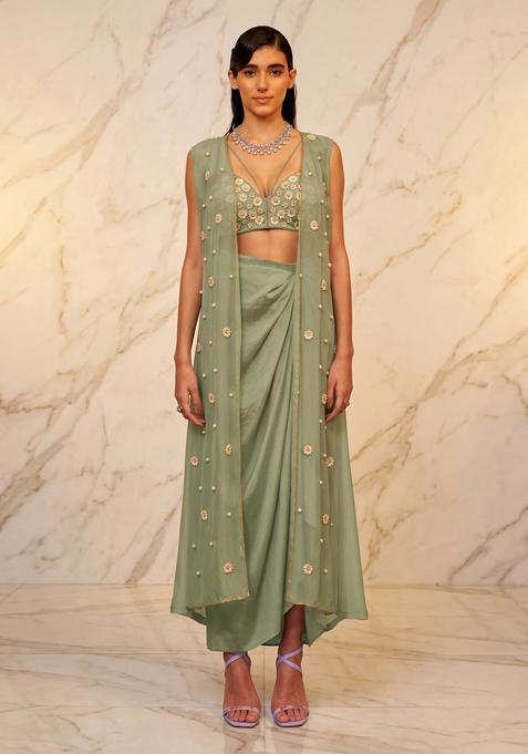Sage Green Embroidered Handwork Fusion Set