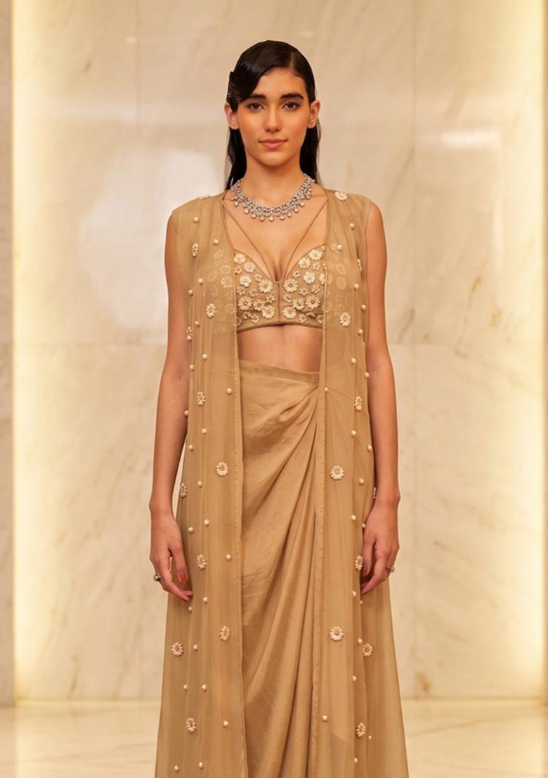 Beige Embroidered Handwork Fusion Set - Indya