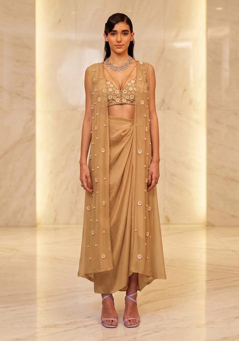 Beige Embroidered Handwork Fusion Set