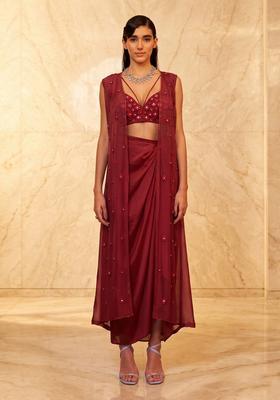 Maroon Embroidered Handwork Fusion Set