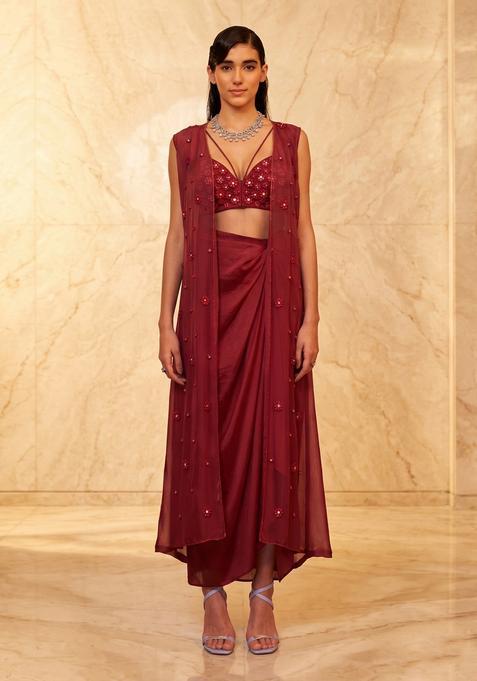 Maroon Embroidered Handwork Fusion Set