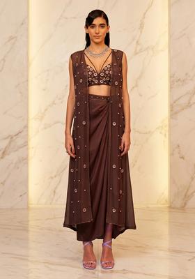 Dark Brown Embroidered Handwork Fusion Set