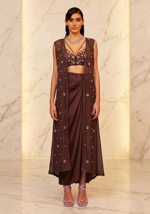 Dark Brown Embroidered Handwork Fusion Set