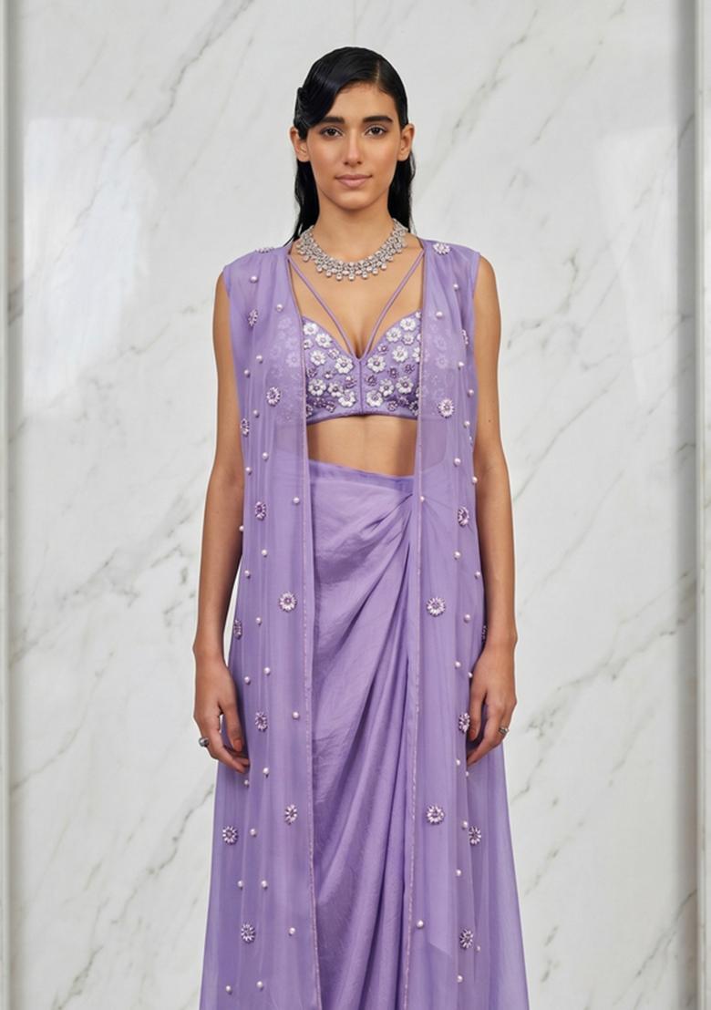 Lilac Embroidered Handwork Fusion Set - Indya