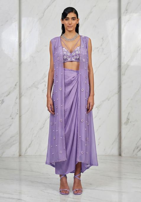Lilac Embroidered Handwork Fusion Set