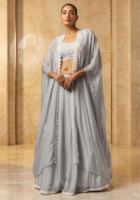 Grey Embroidered Handwork Lehenga Set