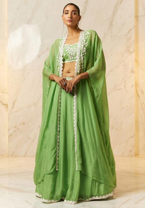 Pista Green Embroidered Handwork Lehenga Set