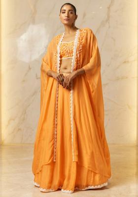 Orange Embroidered Handwork Lehenga Set