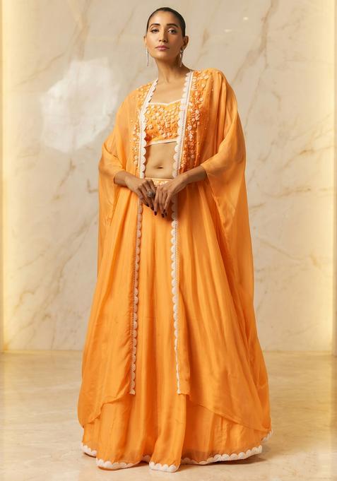 Orange Embroidered Handwork Lehenga Set