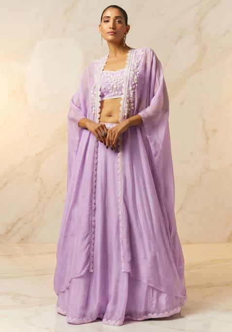 Lilac Embroidered Handwork Lehenga Set