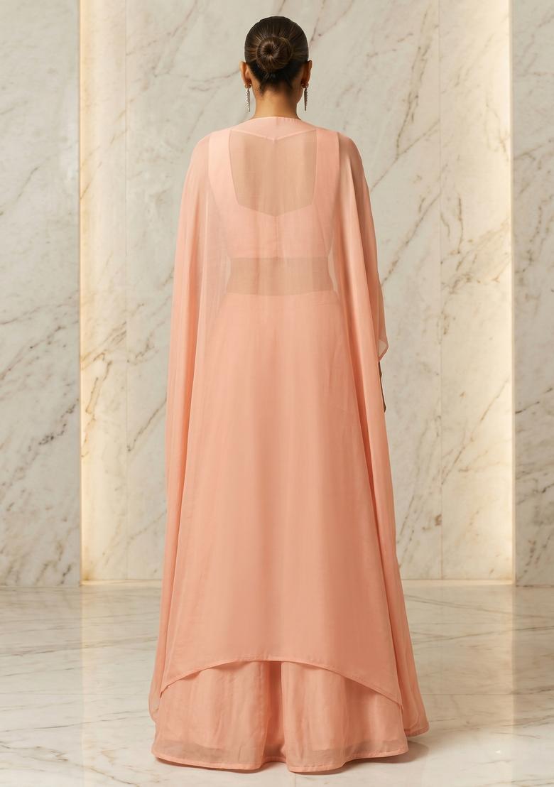 Peach Embroidered Handwork Lehenga Set - Indya