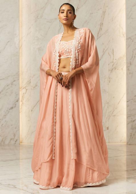 Peach Embroidered Handwork Lehenga Set
