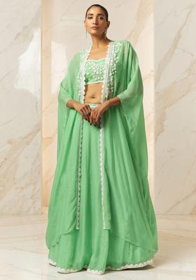 Mint Green Embroidered Handwork Lehenga Set