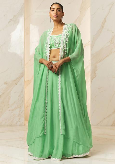 Mint Green Embroidered Handwork Lehenga Set