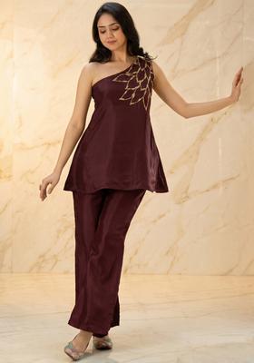 Maroon Embroidered Handwork Fusion Set